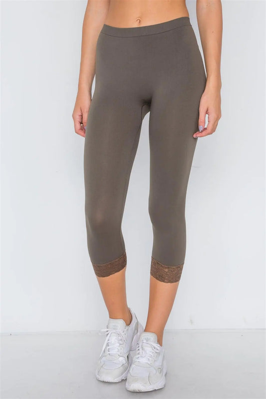 Olive Sports Yoga Seamless Stretchy Leggings with Lace Detail